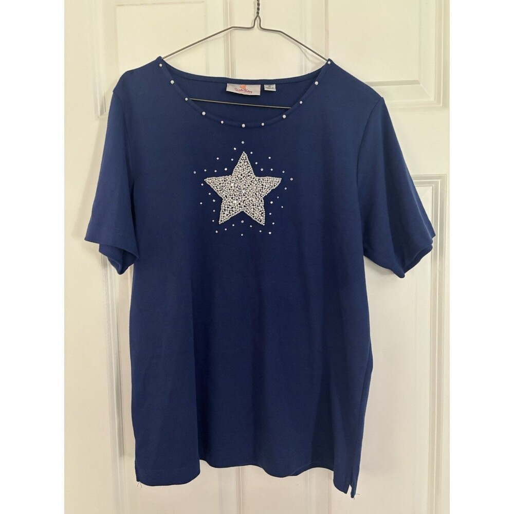 Quacker Factory Navy Blue Patriotic Star Embellished Pearl Diamond Gem USA Shirt